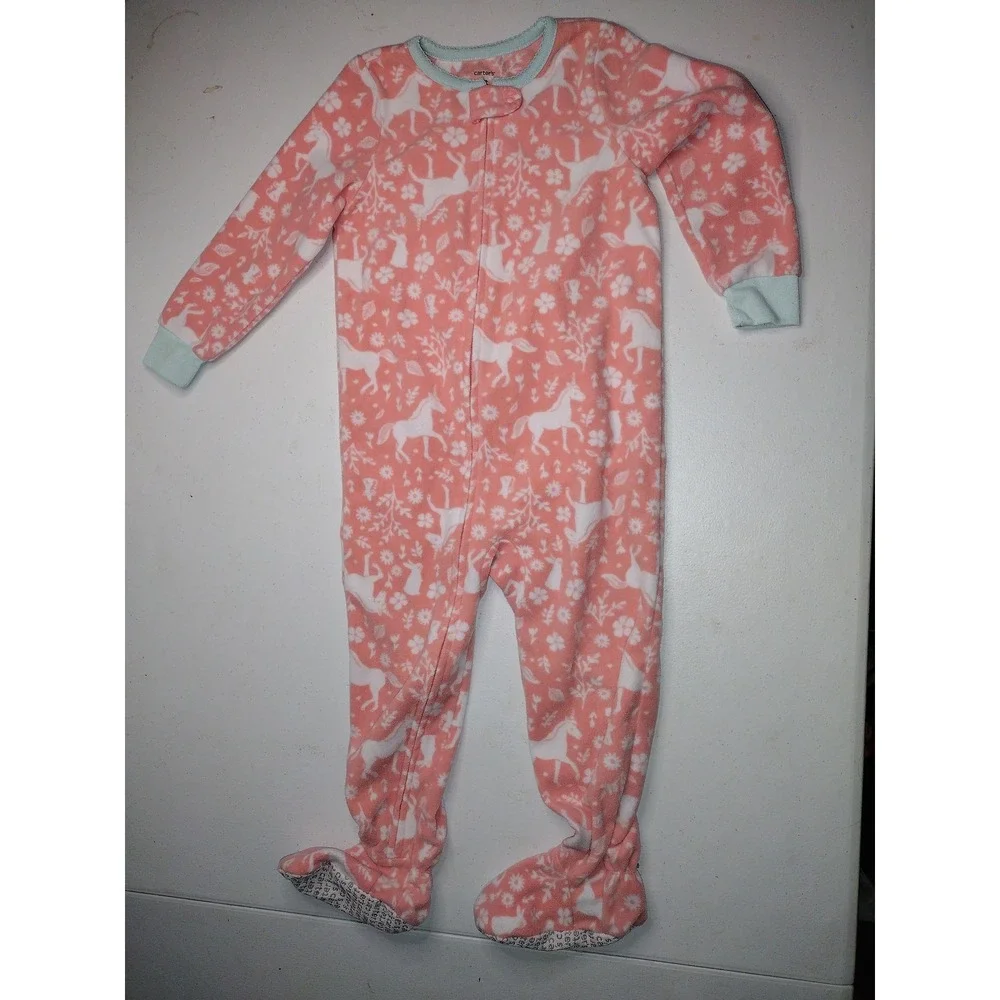 Carters Toddler Girls‎ 3t Pink Unicorn Floral Fleece Footed Pajamas Sleepwear